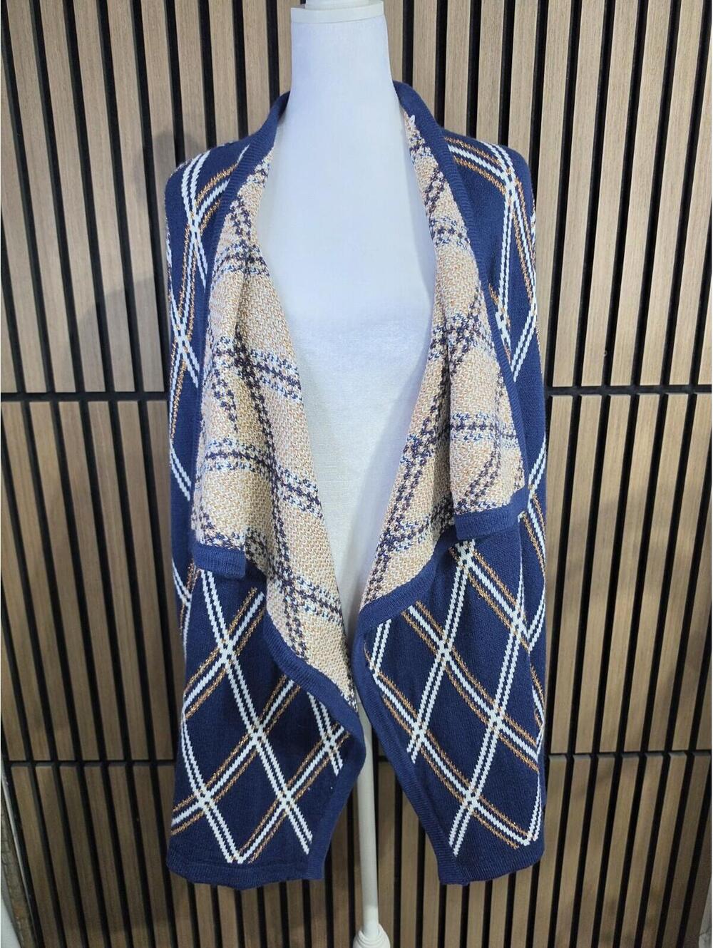 Hampshire Studio Women's Knit Cardigan Sweater Open Front V-Neck Argyle L Blue